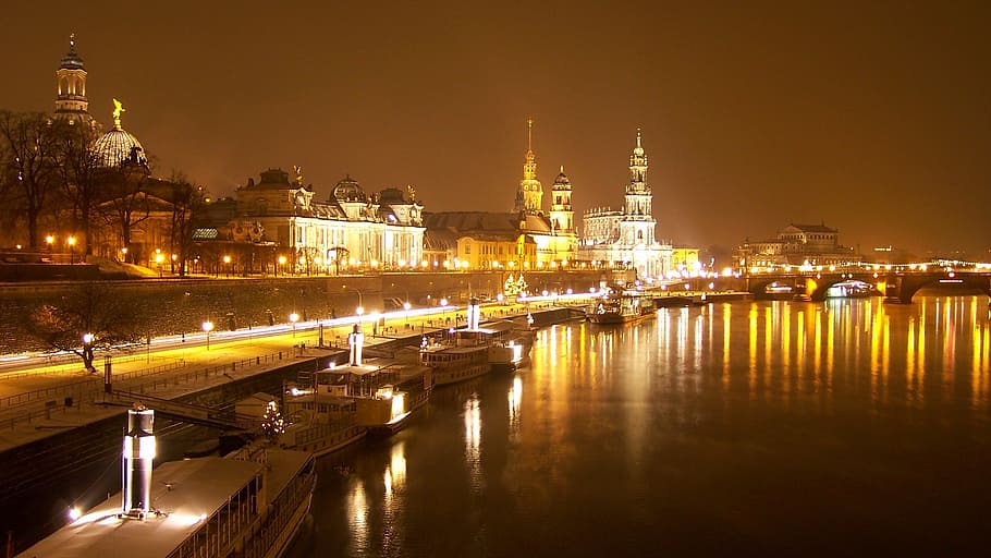 city photo during nighttime, dresden, old town, elbe, river HD wallpaper