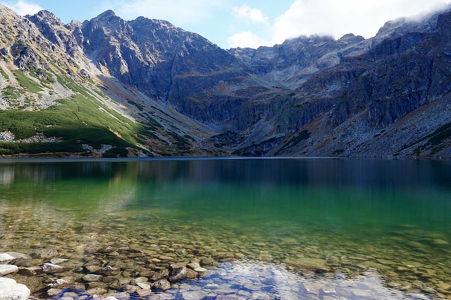 mountains, tatry, view, top view, landscape, pond, water, tops HD wallpaper
