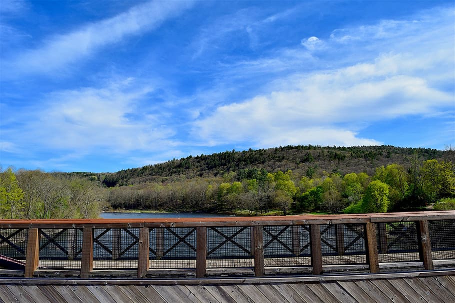 Bridge, Sky, Blue, Blue, Mountain, Trees, color, spring, bannister HD wallpaper