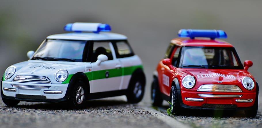 fire, police, mini cooper, auto, model car, red, blue light HD wallpaper