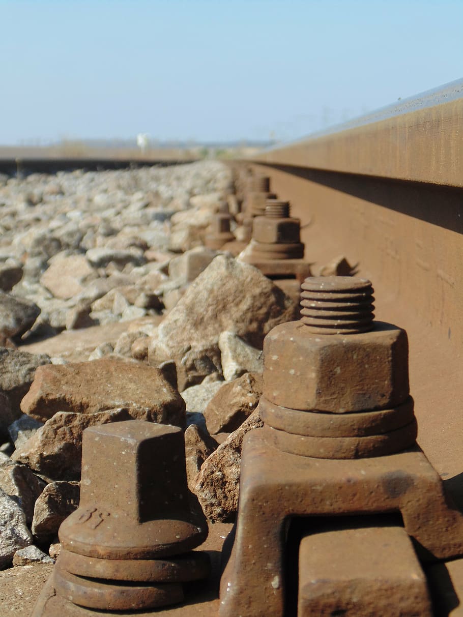 train itself, screws, stones, sky, day, metal, nature, clear sky HD wallpaper