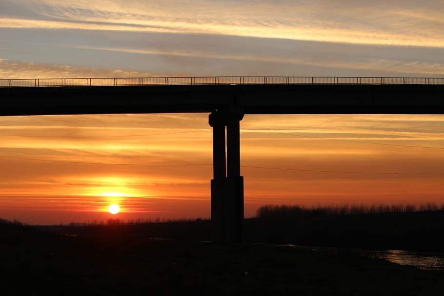bridge, sun, red, sunset, sky, silhouette, cloud - sky, orange color HD wallpaper