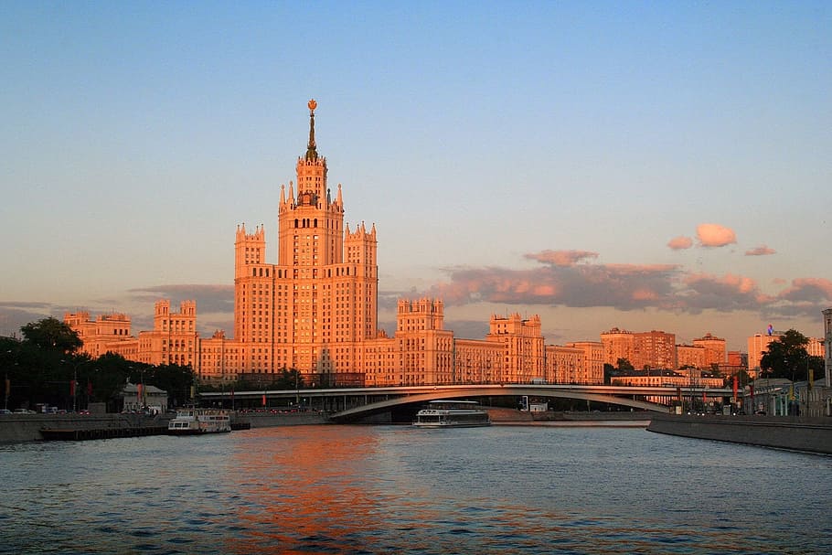 Moscow, Building, Sunset, architecture, river, reflection, building exterior HD wallpaper