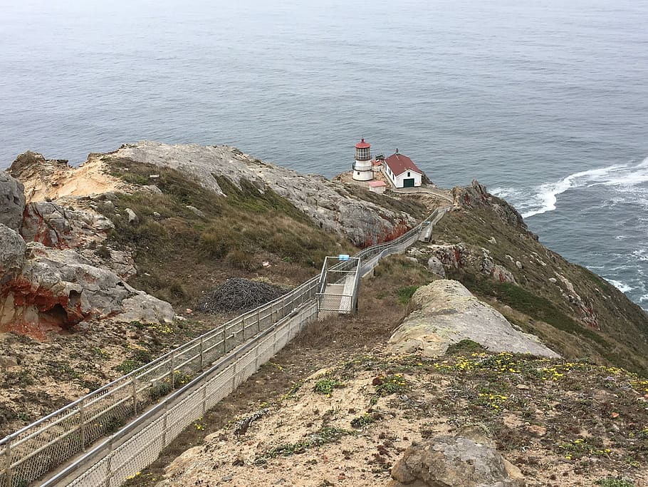 lighthouse tower on top of the hill, cliff, railway, coast HD wallpaper