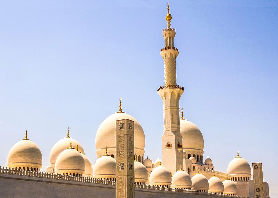 white infrastructure photography, dubai, mosque, blue, gold HD wallpaper