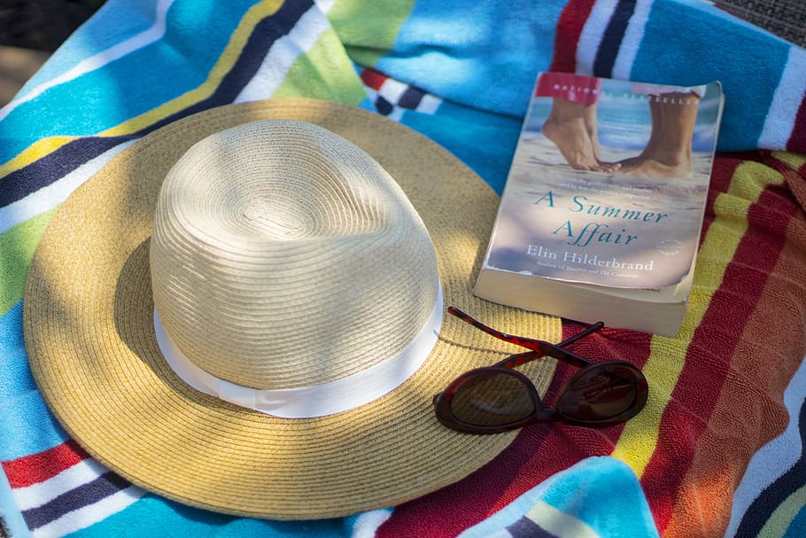 beige sunhat beside sunglasses and book, beach, vacation, pool HD wallpaper