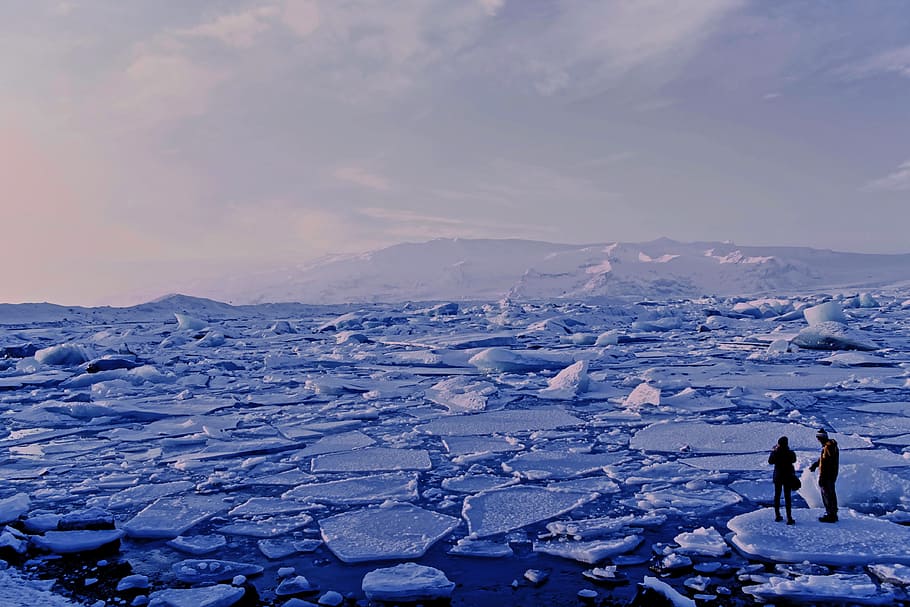 two person at frozen body of water, clouds, cold, ice, iceberg HD wallpaper