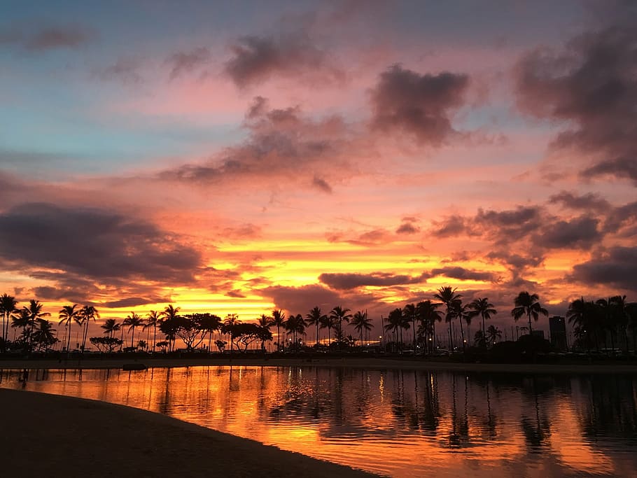 hawaii, sunset, cloud, beach, vacation, travel, tropical, hawaiian