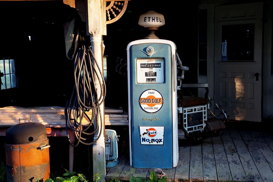 blue and gray Ethel gasoline, petrol stations, antique, gas pump