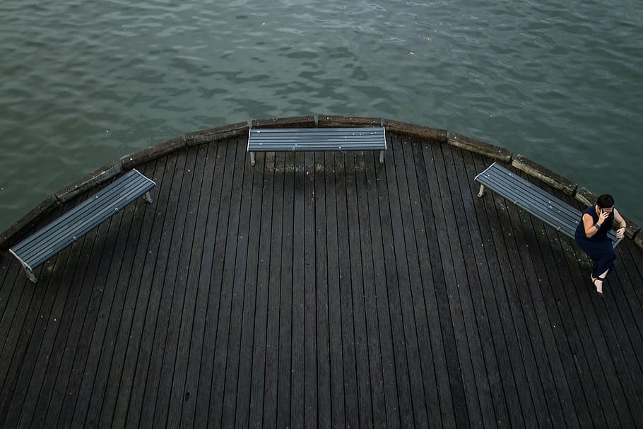 deck, water, seats, pier, harbour, dark light, lonely, wood HD wallpaper