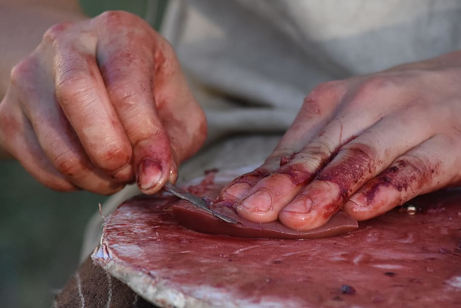 cutting, meat, hands, blood, staples, power supply, food, human hand HD wallpaper