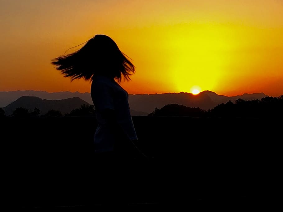 sunset, beauty, mountain, silhouette, sky, orange color, one person HD wallpaper