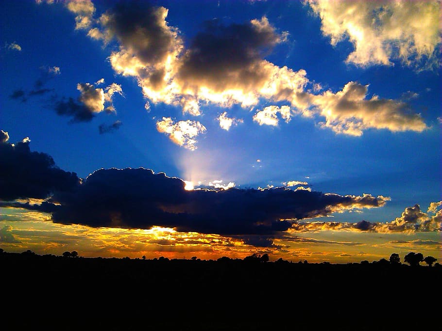 sun, behind, clouds, sun from behind, sunrays, blue sky, weather HD wallpaper