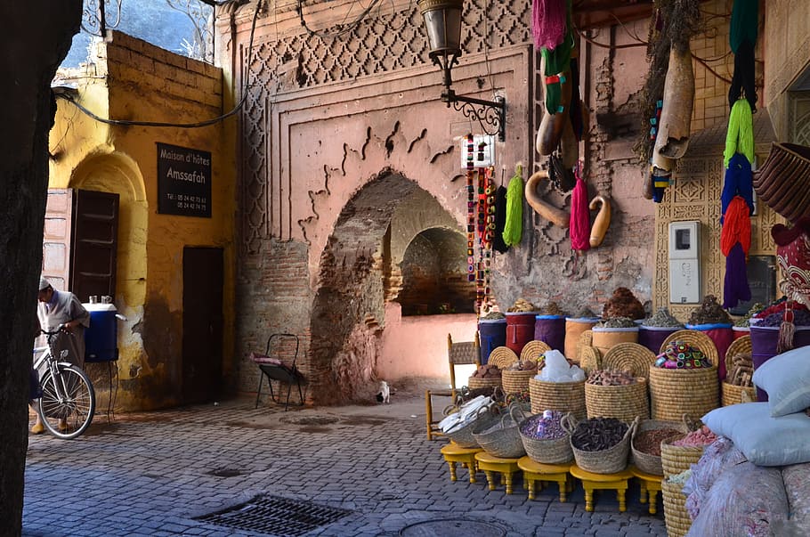 outdoor store, marrakech, morocco, bazaar, oriental, architecture, HD wallpaper