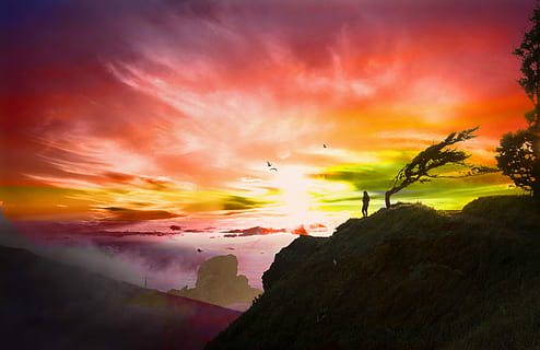 silhouette of person near mountain, sunset, cliff, red, rock HD wallpaper