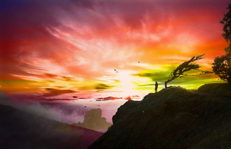 silhouette of person near mountain, sunset, cliff, red, rock HD wallpaper