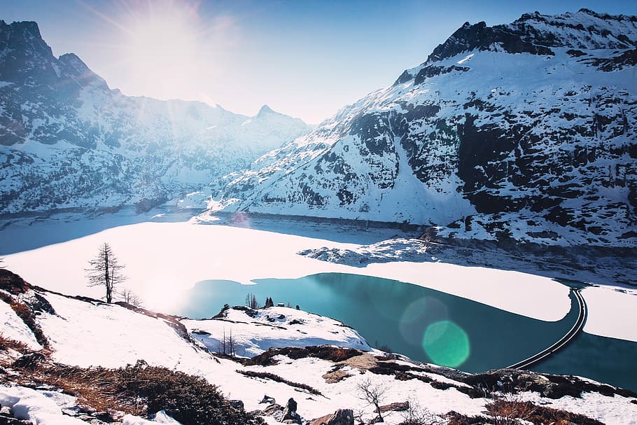 landscape photography of body of water surrounded by snowy mountains, aerial photography of mountain and body of water HD wallpaper