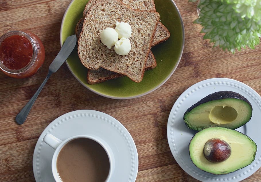 photo of avocado on plate beside sliced breads, breakfast, butter HD wallpaper