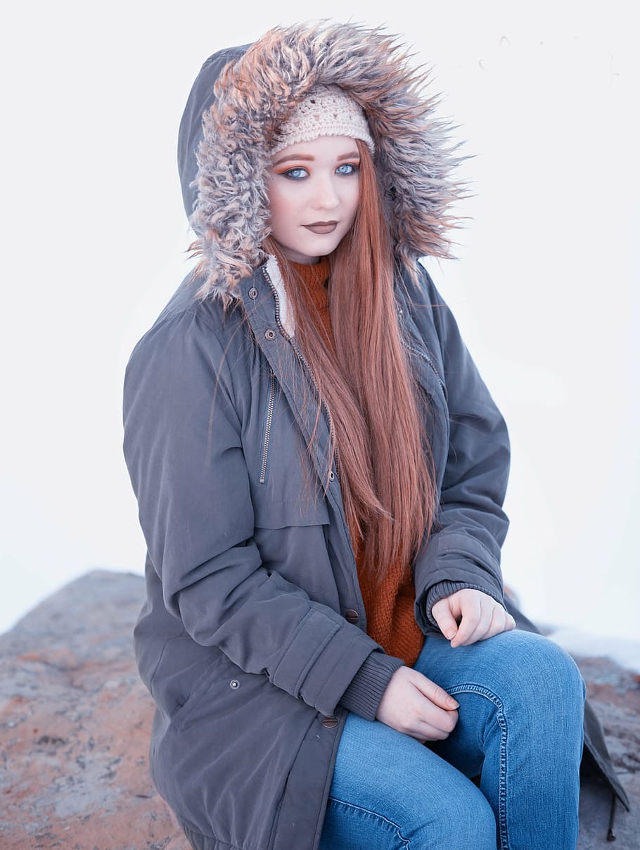 woman in grey hooded jacket, redhead, hair, model, girl, female HD wallpaper