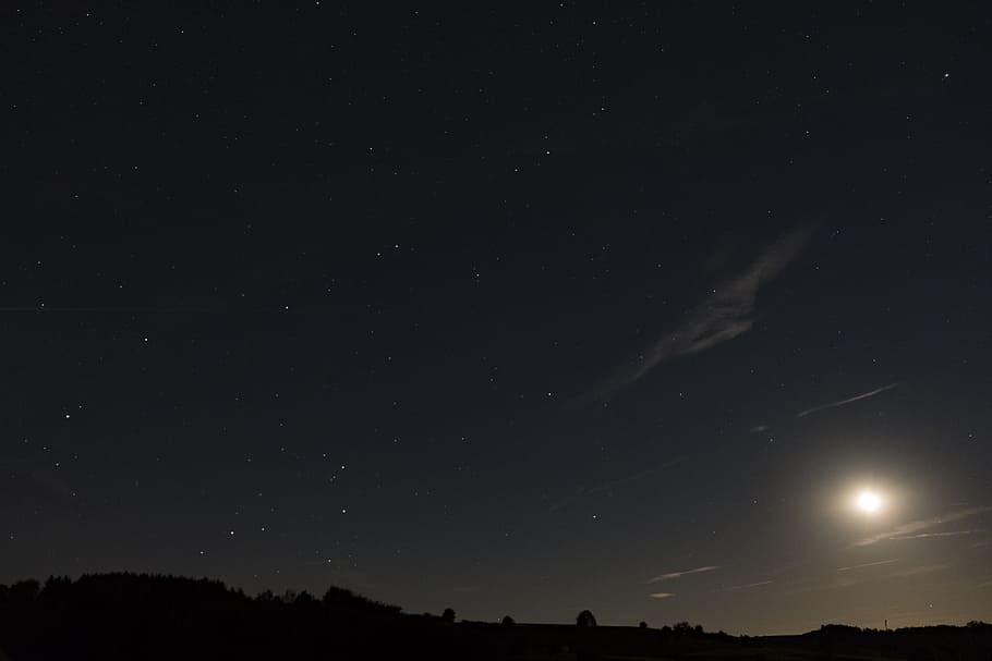 silhouette of mountain, night, dark, sky, star, moon, landscape HD wallpaper