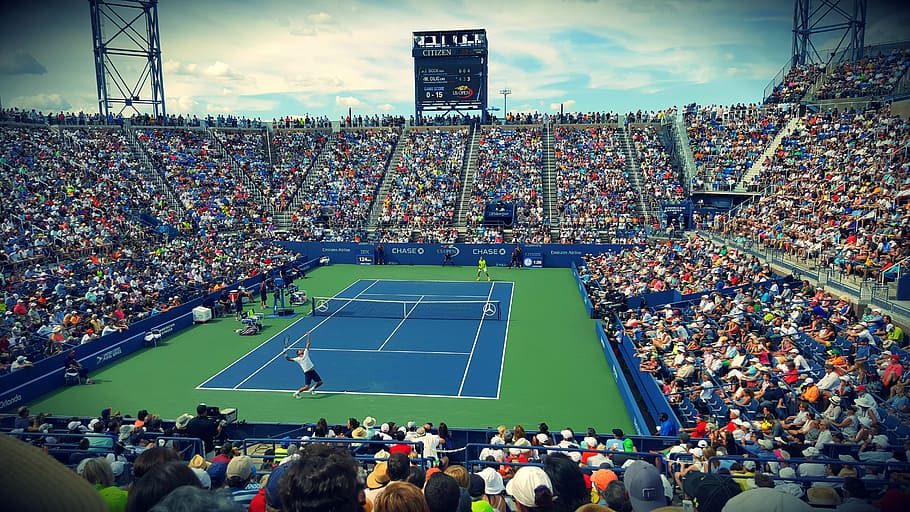 portrait photography of tennis stadium, athletes, audience, competition
