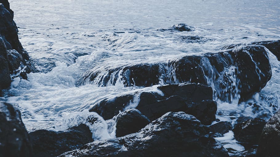 cold, landscape, motion, nature, ocean, outdoors, river, rocks HD wallpaper