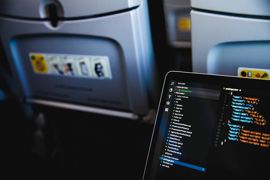turned on laptop, person boarding on plane, computer, seat, screen HD wallpaper