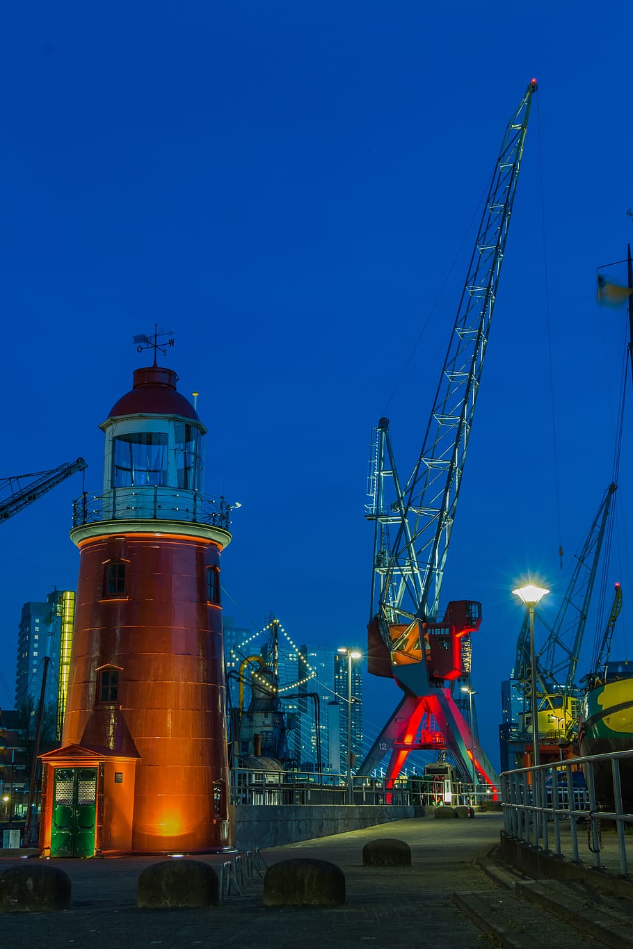Netherlands, Rotterdam, Port, Crane, lighthouse, at night, harbor, HD wallpaper