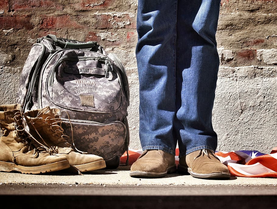person wearing blue denim jeans and brown leather shoes beside gray camouflage backpack HD wallpaper