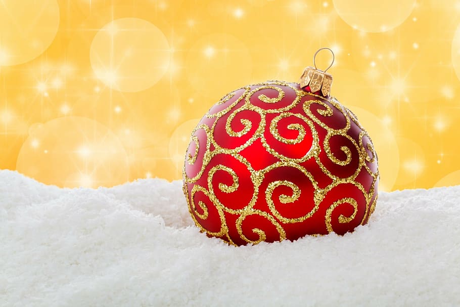 red and brown bauble, christmas, snow, decoration, holiday, symbol, HD wallpaper