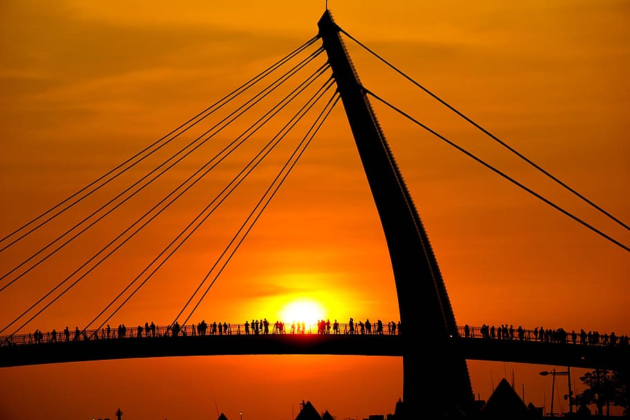 sunset, red, bridge, people, orange, sky, nature, sunlight HD wallpaper