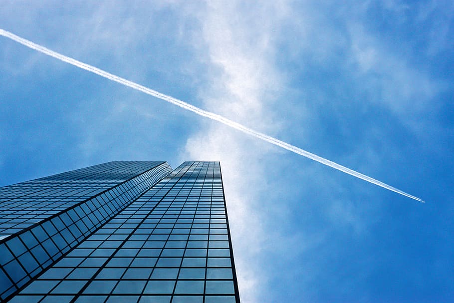 blue, sky, clouds, buildings, windows, business, corporate HD wallpaper