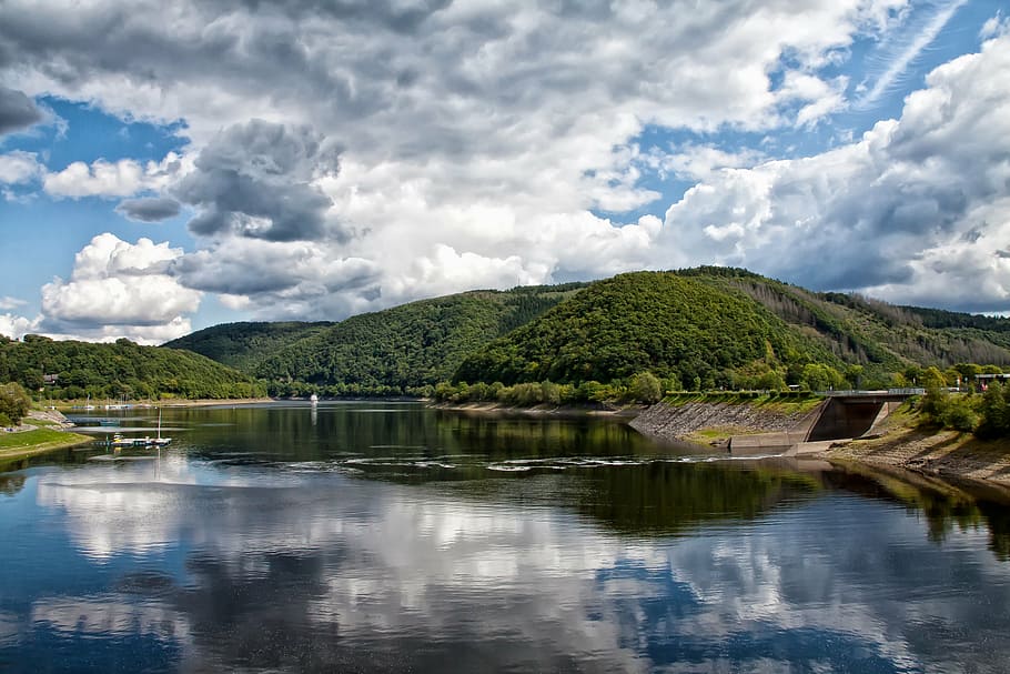 lake, clouds, nature, seascape, water, sky, landscape, bergsee HD wallpaper
