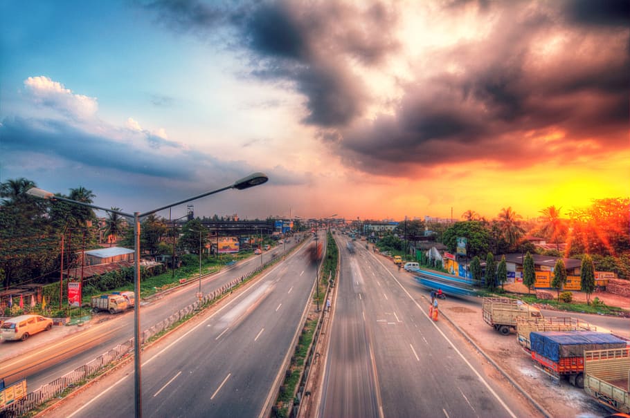 highway, sunset, suburb, clouds, dawn, autumn, road, cloud - sky HD wallpaper