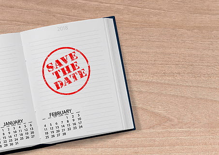 notebook with save the date stamp on top of brown wood surface HD wallpaper