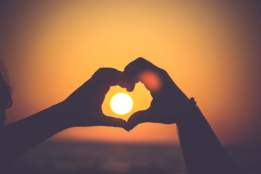 rising, sun, hand, human hand, human body part, heart shape HD wallpaper