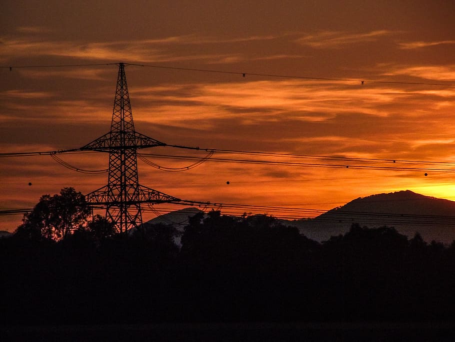 strommast, power line, silhouette, sunset, evening sky, abendstimmung HD wallpaper