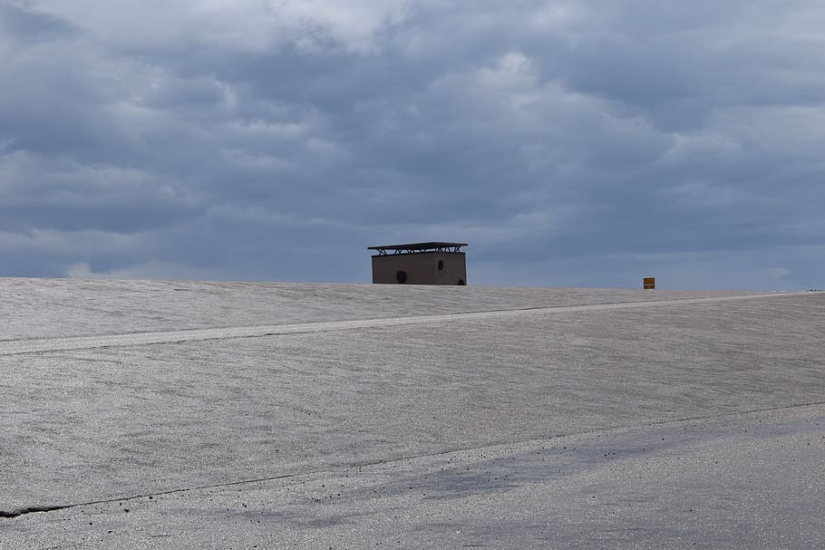 dike, road, architecture, sky, clouds, blue, grey, asphalt HD wallpaper