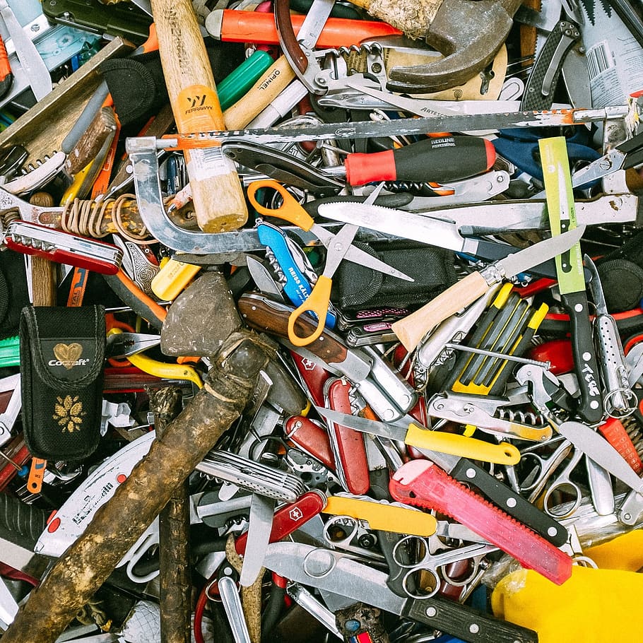 assorted handheld tools, cutter, hammer, hand tools, knives HD wallpaper