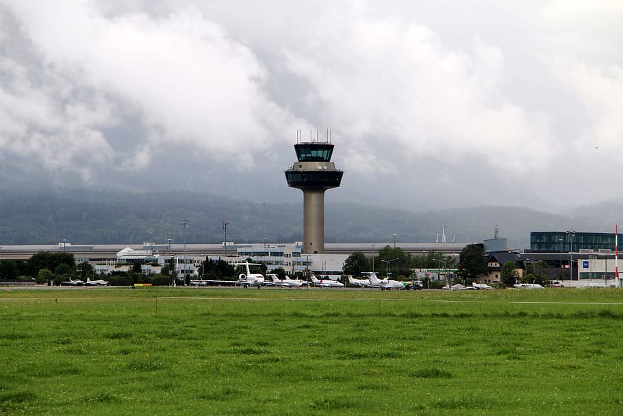 salzburg, airport, aviation, runway, aircraft, tower, architecture, HD wallpaper