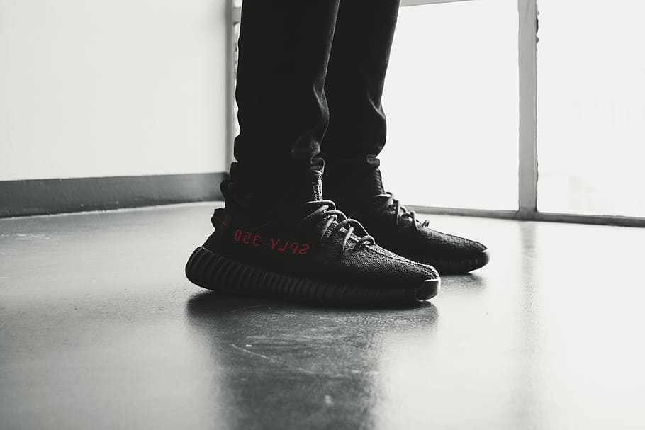 Yeezy, pair of black adidas Yeezy Boost 350 v2, shoe, trainer, HD wallpaper
