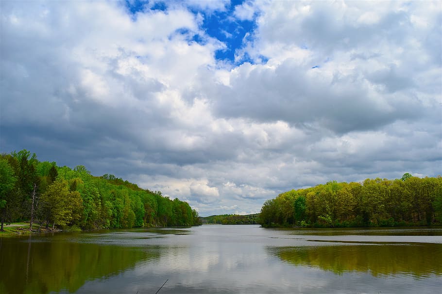 lake, sky, clouds, nature, water, landscape, blue, reflection HD wallpaper