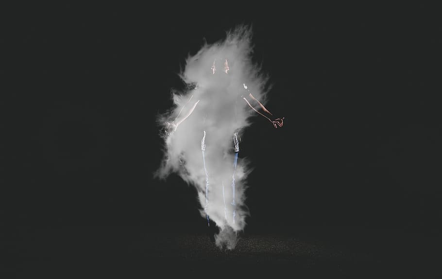 person standing near smoke with black background, panoramic photography of white smoke, HD wallpaper