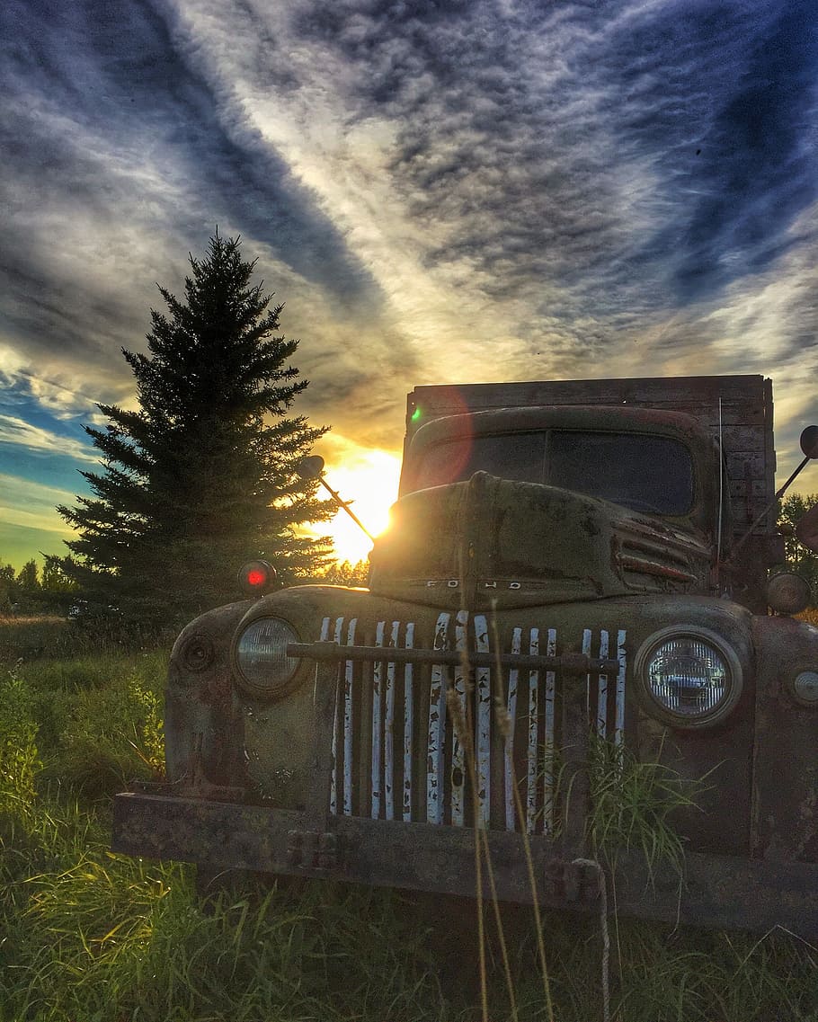 sunset, manitoba, old truck, beautiful clouds, landscape, summer, HD wallpaper