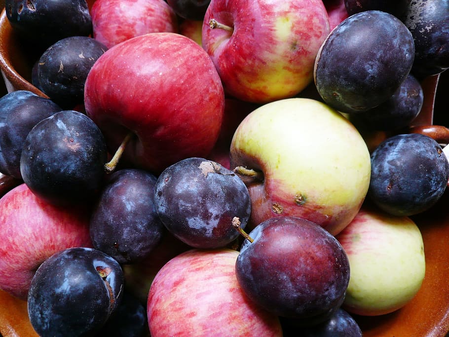 apple, plum, fruit, healthy eating, food, food and drink, wellbeing HD wallpaper