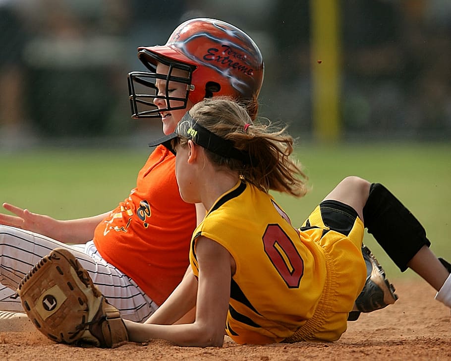 softball, players, action, female, second base, sliding, dirt, HD wallpaper