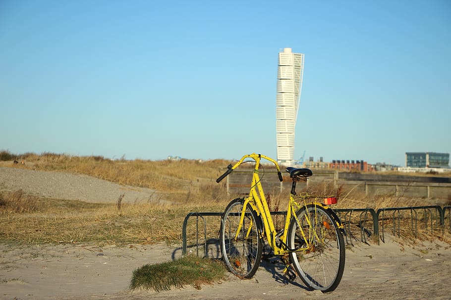 beach, yellow, cycle, malmö, bike racks, the bar, transportation, HD wallpaper