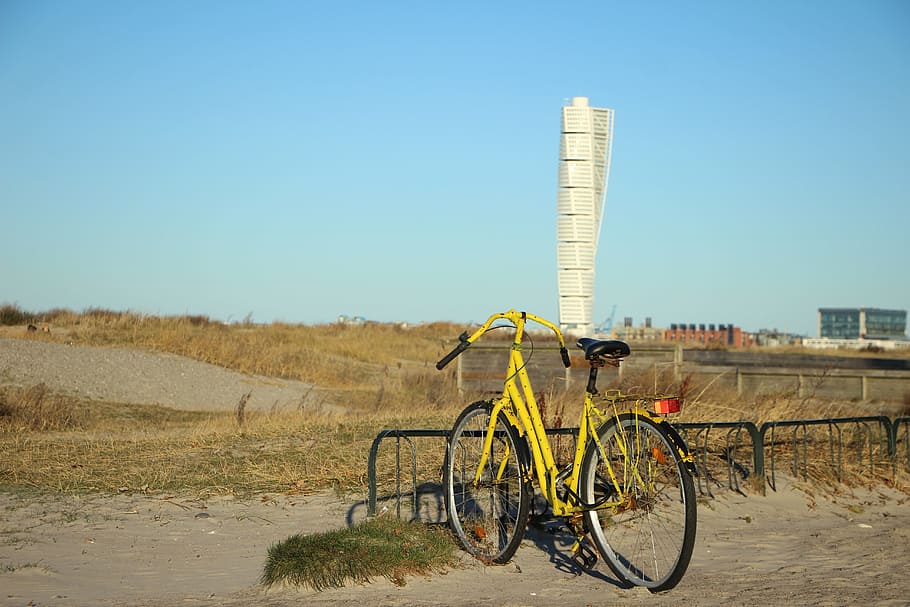 beach, yellow, cycle, malmö, bike racks, the bar, transportation HD wallpaper