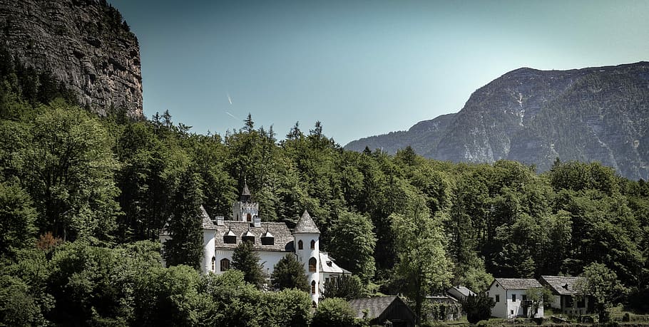 gray-and-white concrete house surrounded by green leaf trees near mountains under clear blue sky, untitled HD wallpaper
