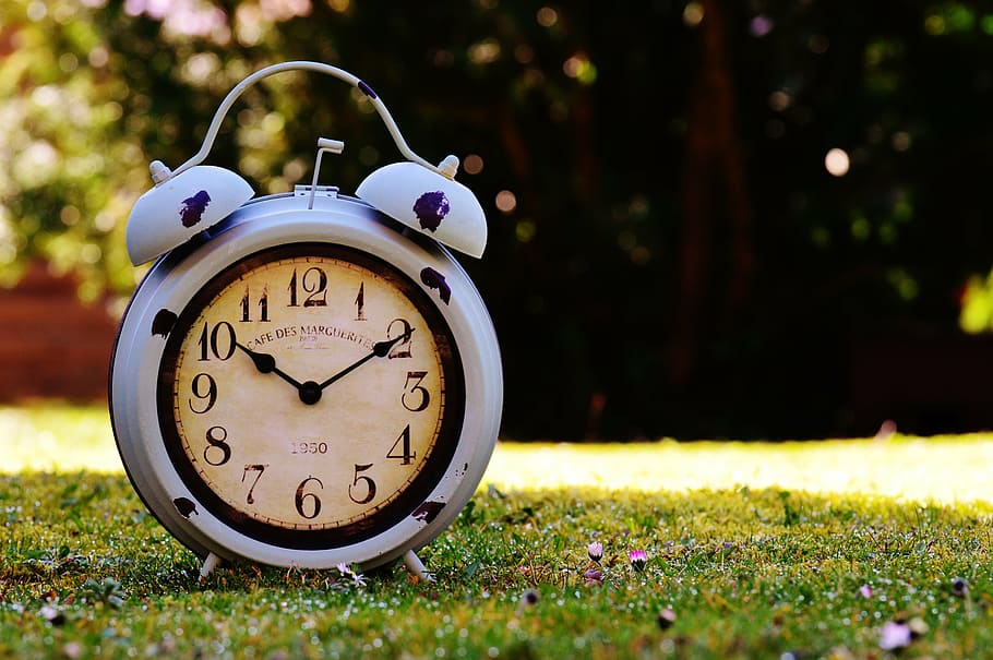 analog alarm clock reading 10:10 time on grass field, antique HD wallpaper